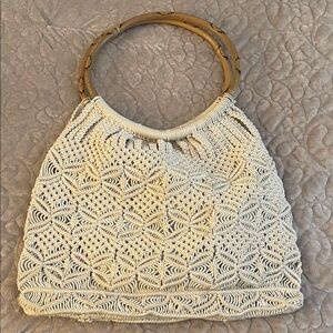 Chic Cream Macramé Tote with Bamboo Handles
